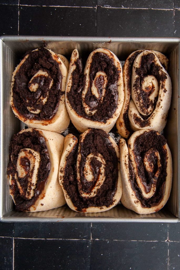 oreo cinnamon rolls after rising before the oven