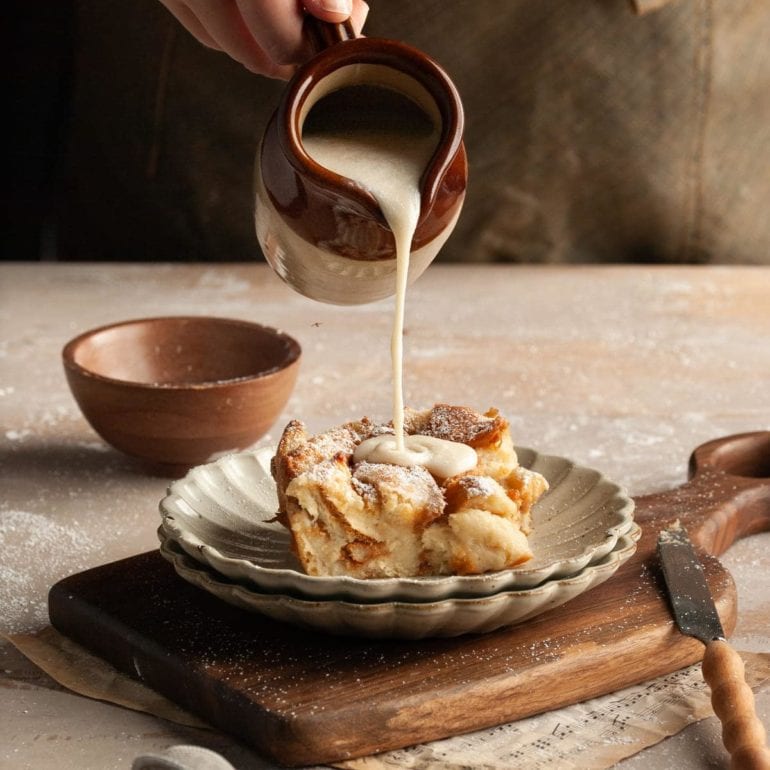 pouring vanilla sauce onto peice of bread pudding
