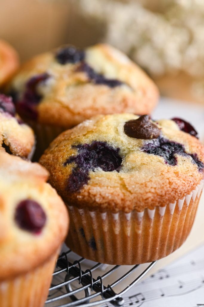 close up of blueberry chocolate chip muffins