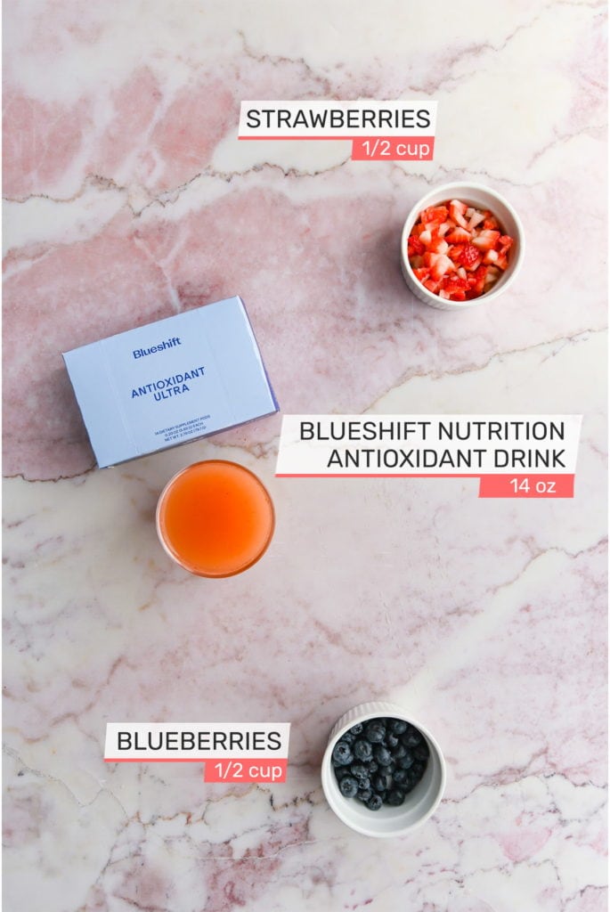 diced strawberries, blueshift nutrition antioxidant ultra, blueberries