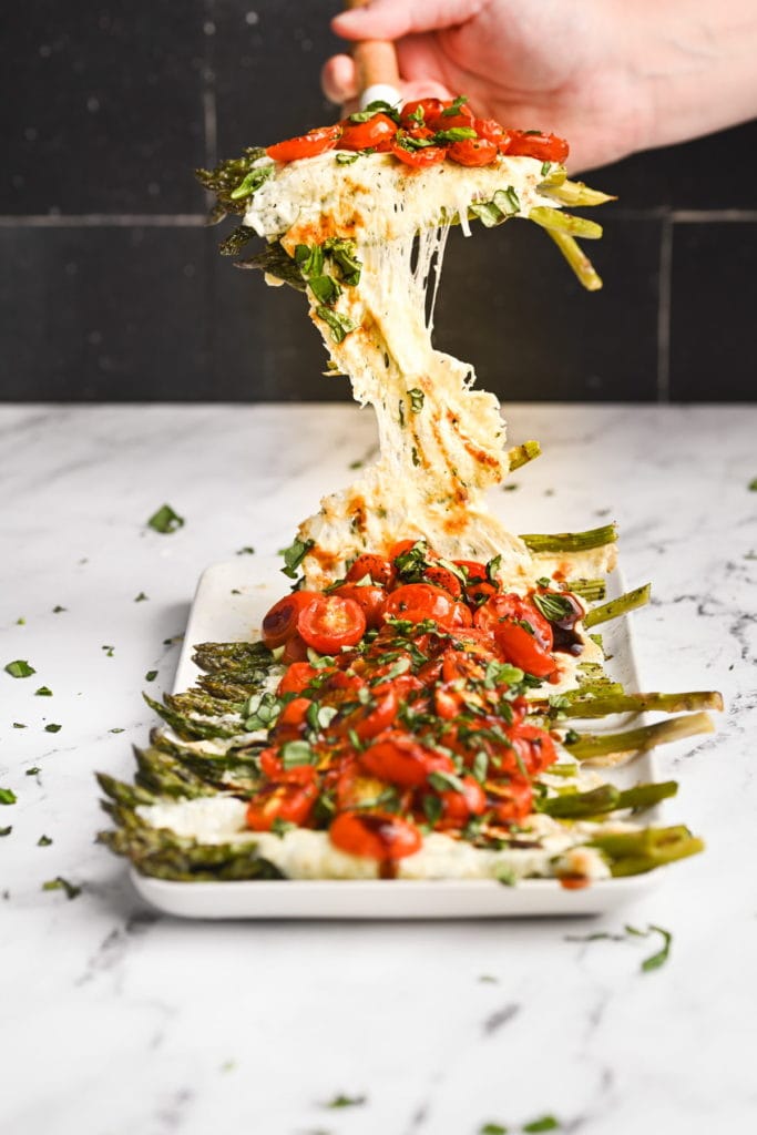 Caprese Asparagus with Cheese Pull