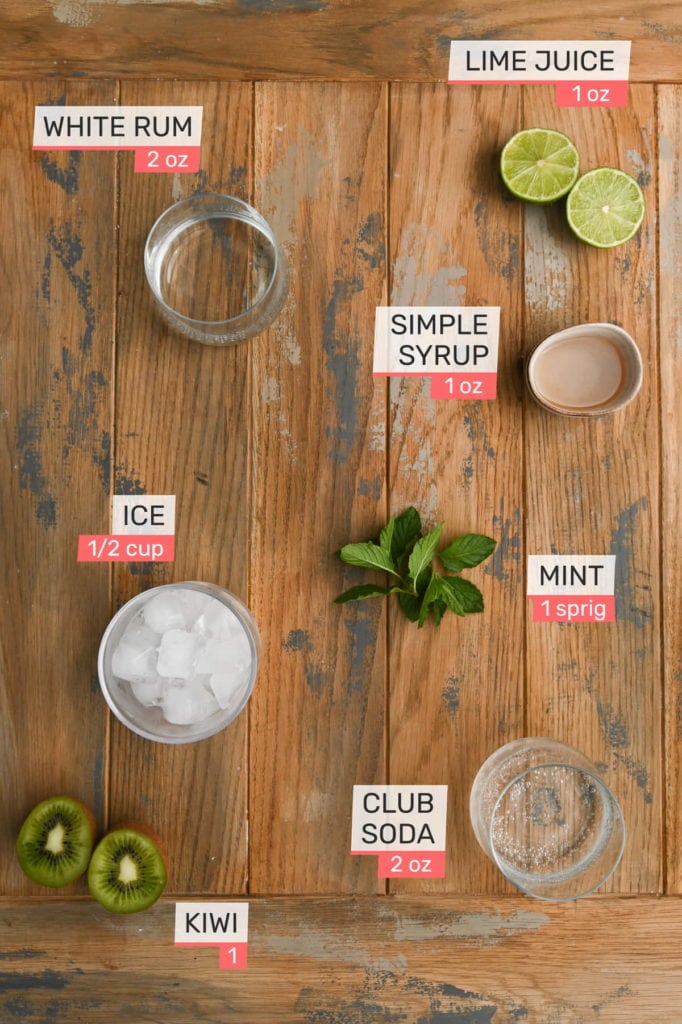 club soda, lime juice, simple syrup, ice, mint, kiwi, white rum