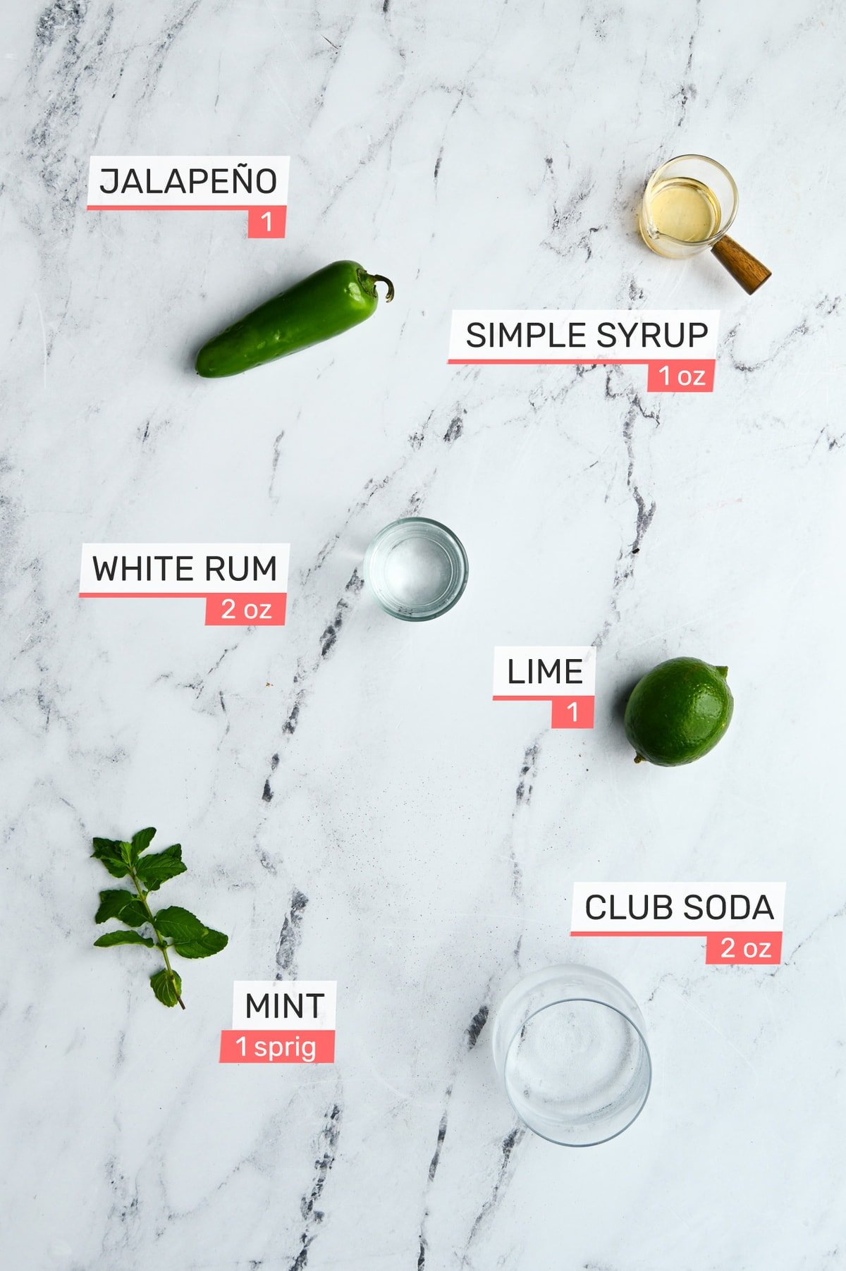 jalapeno, simple syrup, lime, white yum, mint, club soda