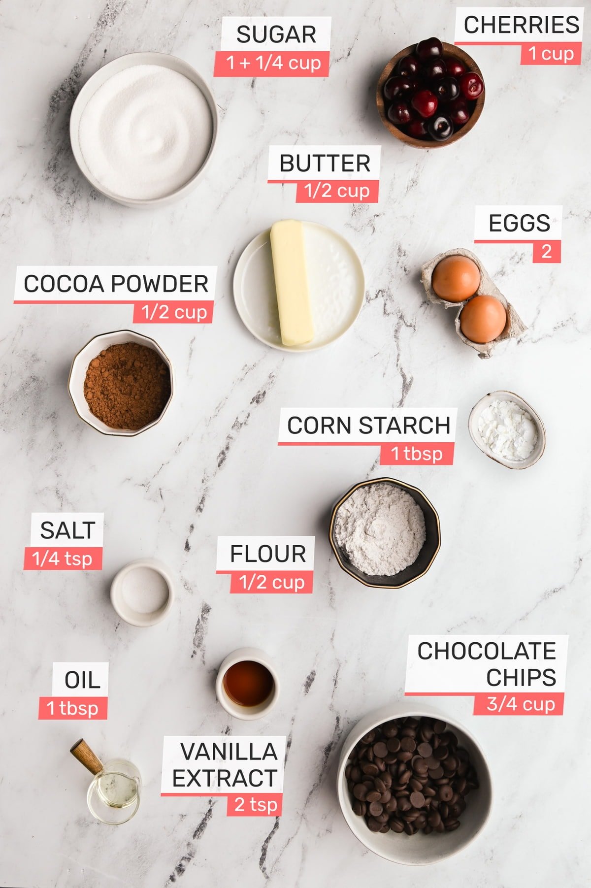 granulated sugar, cherries, unsalted butter, eggs, cocoa powder, cornstarch, flour, salt, oil, vanilla extract, and chocolate chips