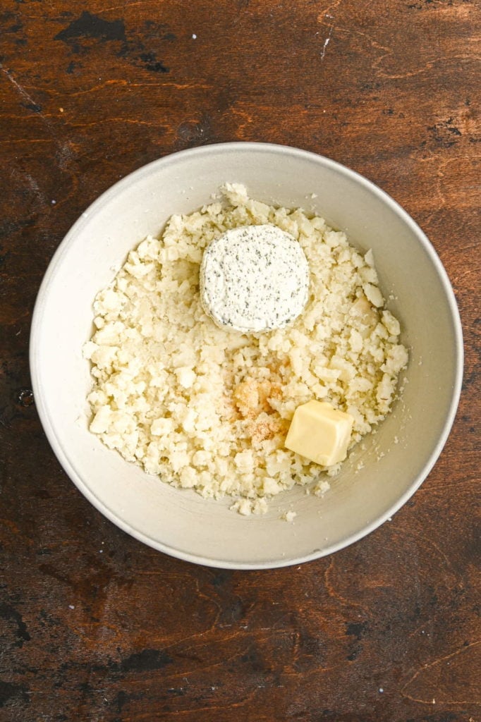 smashed potatoes with milk, butter, garlic salt, and boursin cheese