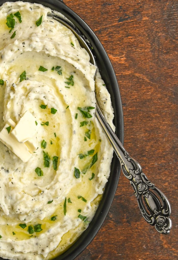 close up of creamy boursin mashed potatoes