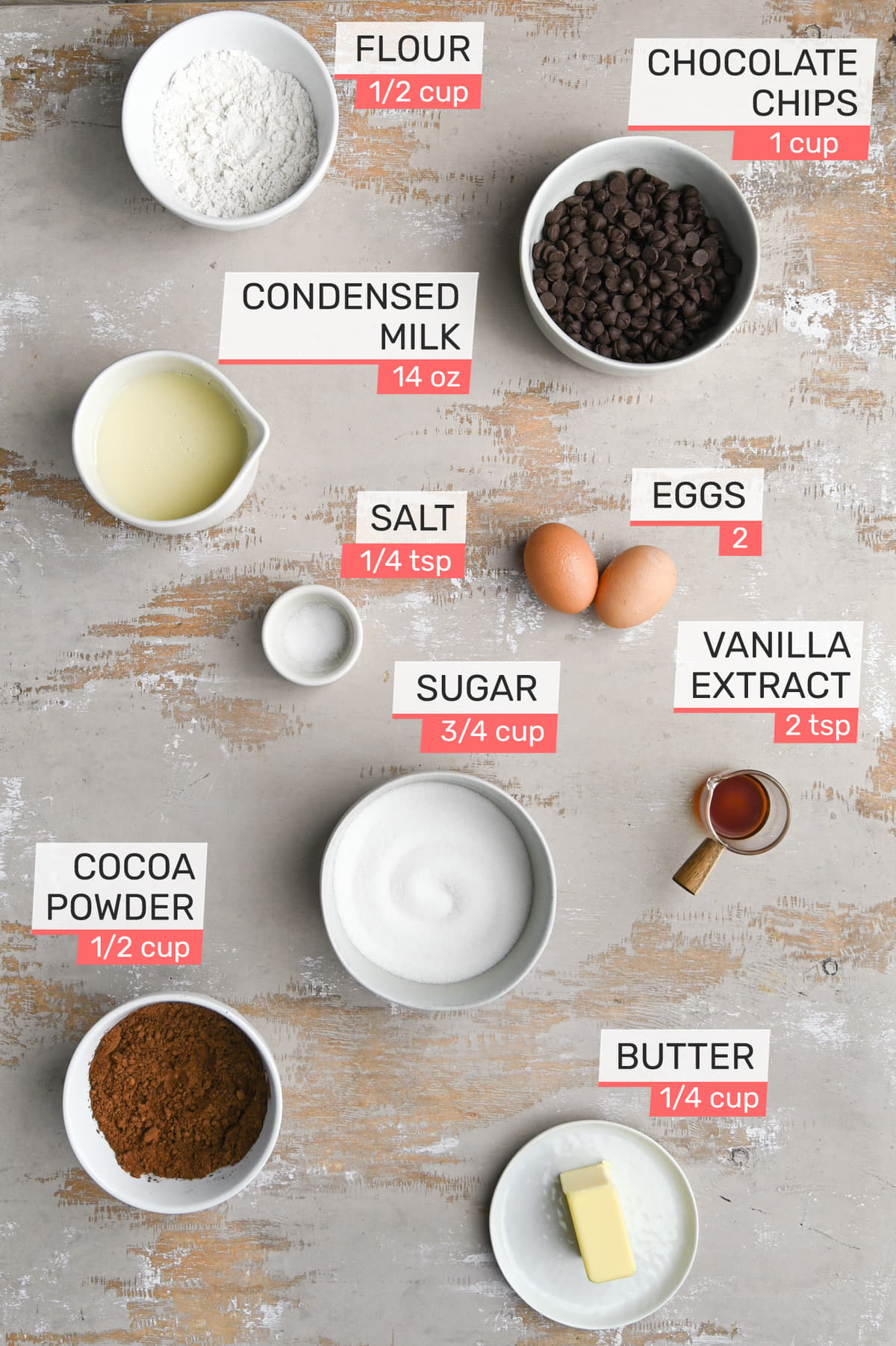 flour, chocolate chips, condensed milk, salt, eggs, sugar, cocoa powder, vanilla extract, unsalted butter