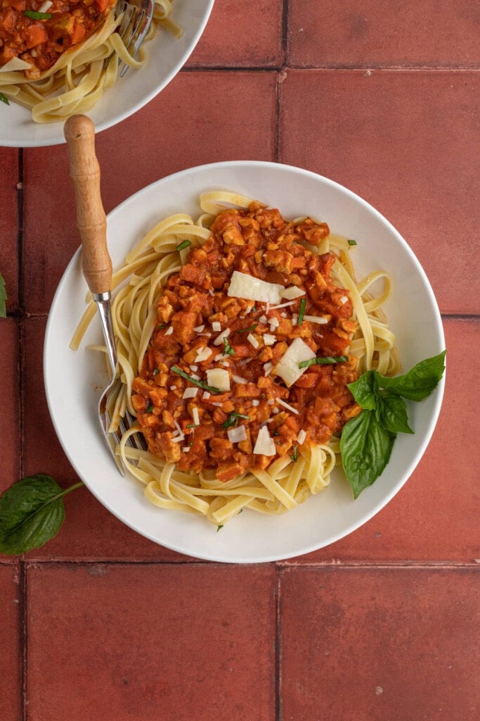 tempeh bolognese over wide noodles on terra cotta background