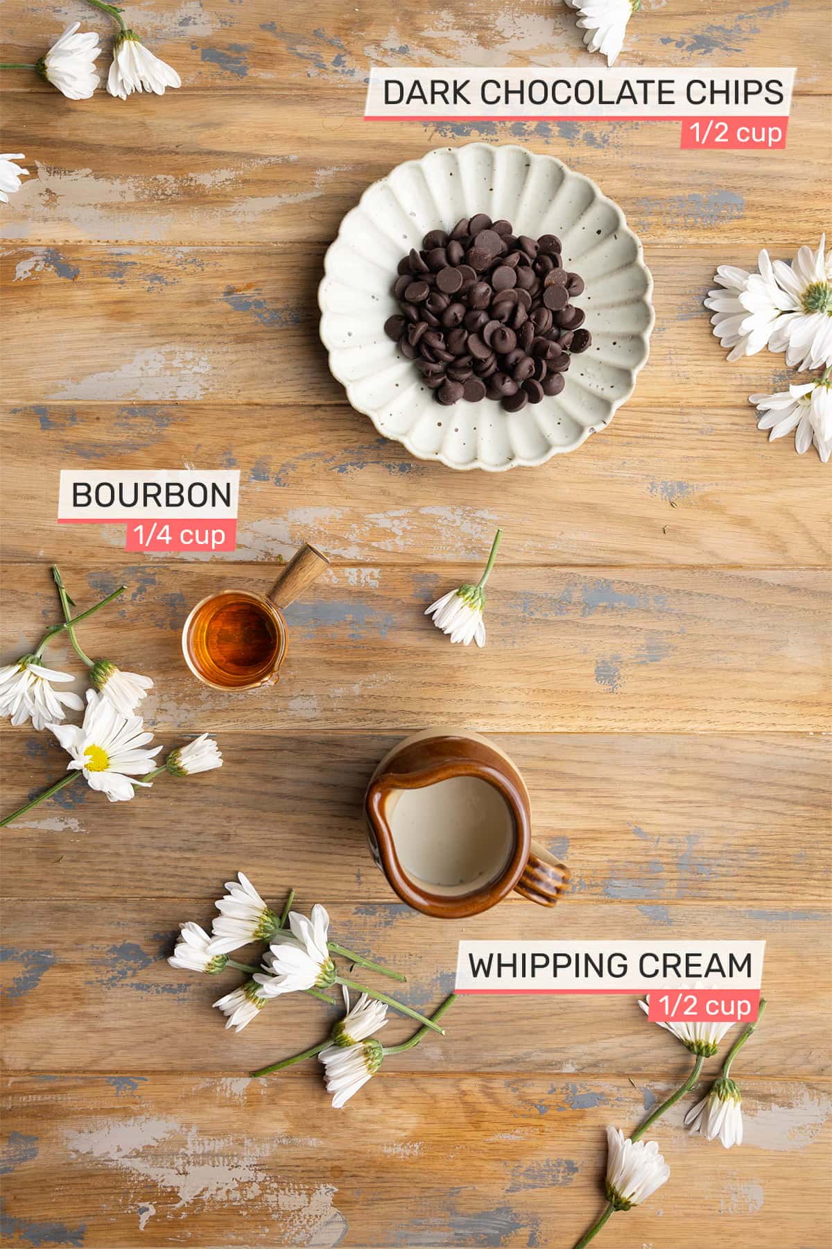 Overhead picture of all ingredients needed for Creamy Bourbon Chocolate Sauce - dark chocolate chips, Bourbon, and whipping cream