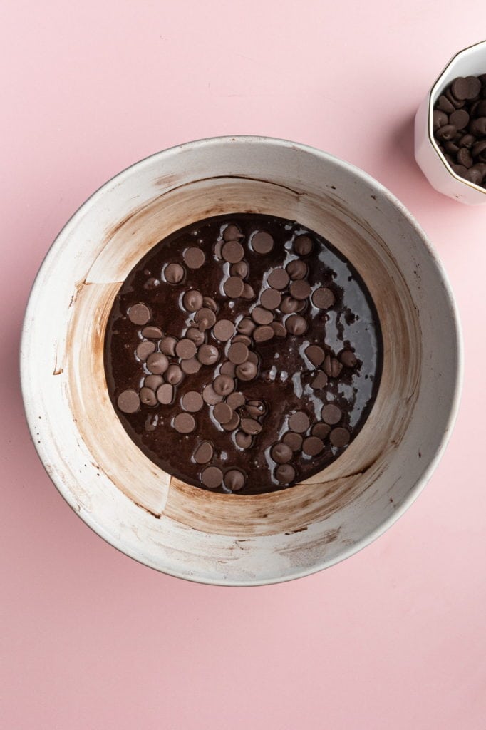 folding half of the chocolate chips into batter