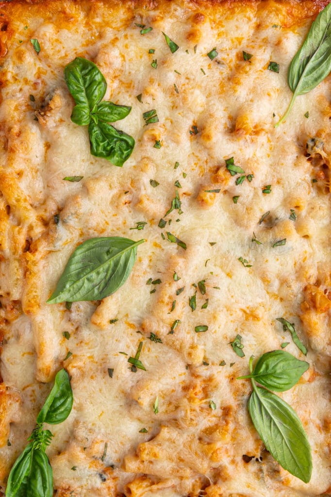 close up of meatless baked ziti fresh out of the oven