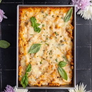 Meatless Baked Ziti garnished with basil