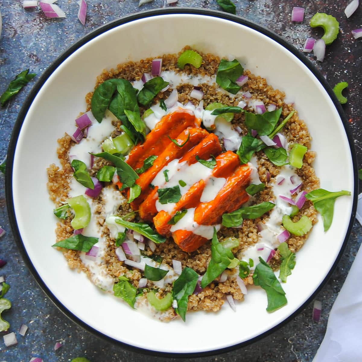 Overhead view of Buffalo Ranch Tempeh Bowl in a white bowl