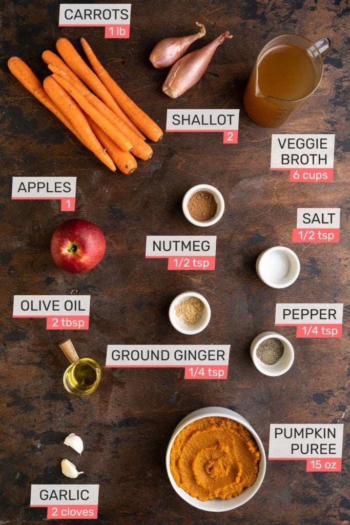 Ingredients for Carrot Pumpkin Soup - Carrots, shallots, vegetable broth, apple, nutmeg, salt, olive oil, ginger, black pepper, garlic, and pumpkin puree