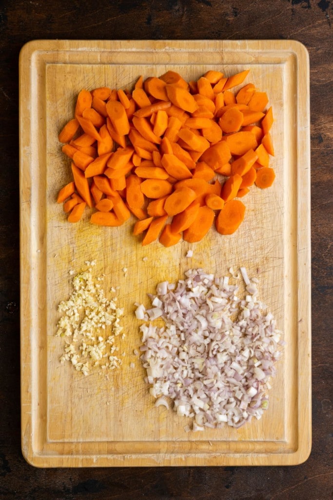 Prepped Carrots, Shallots, and Garlic