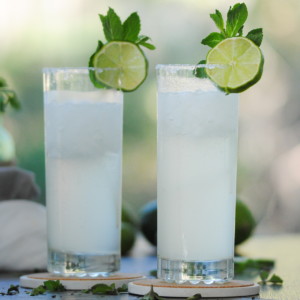 2 tall glasses of Fiery Ginger Beer & White Rum Mojito with mint and lime garnish