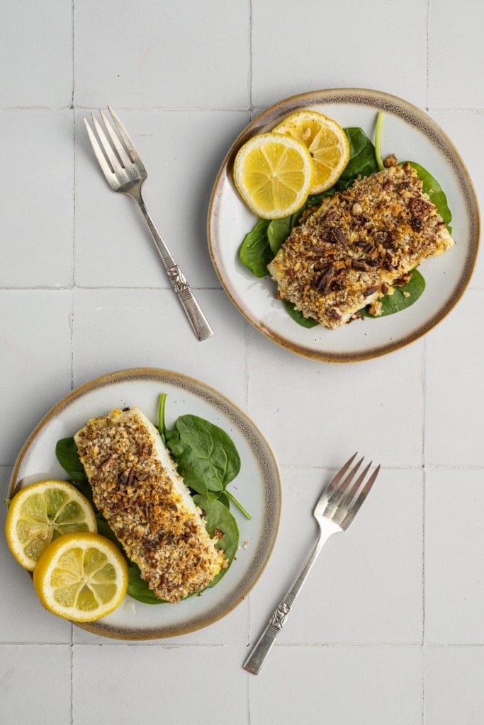 2 plates of Pecan Crusted Halibut with honey mustard