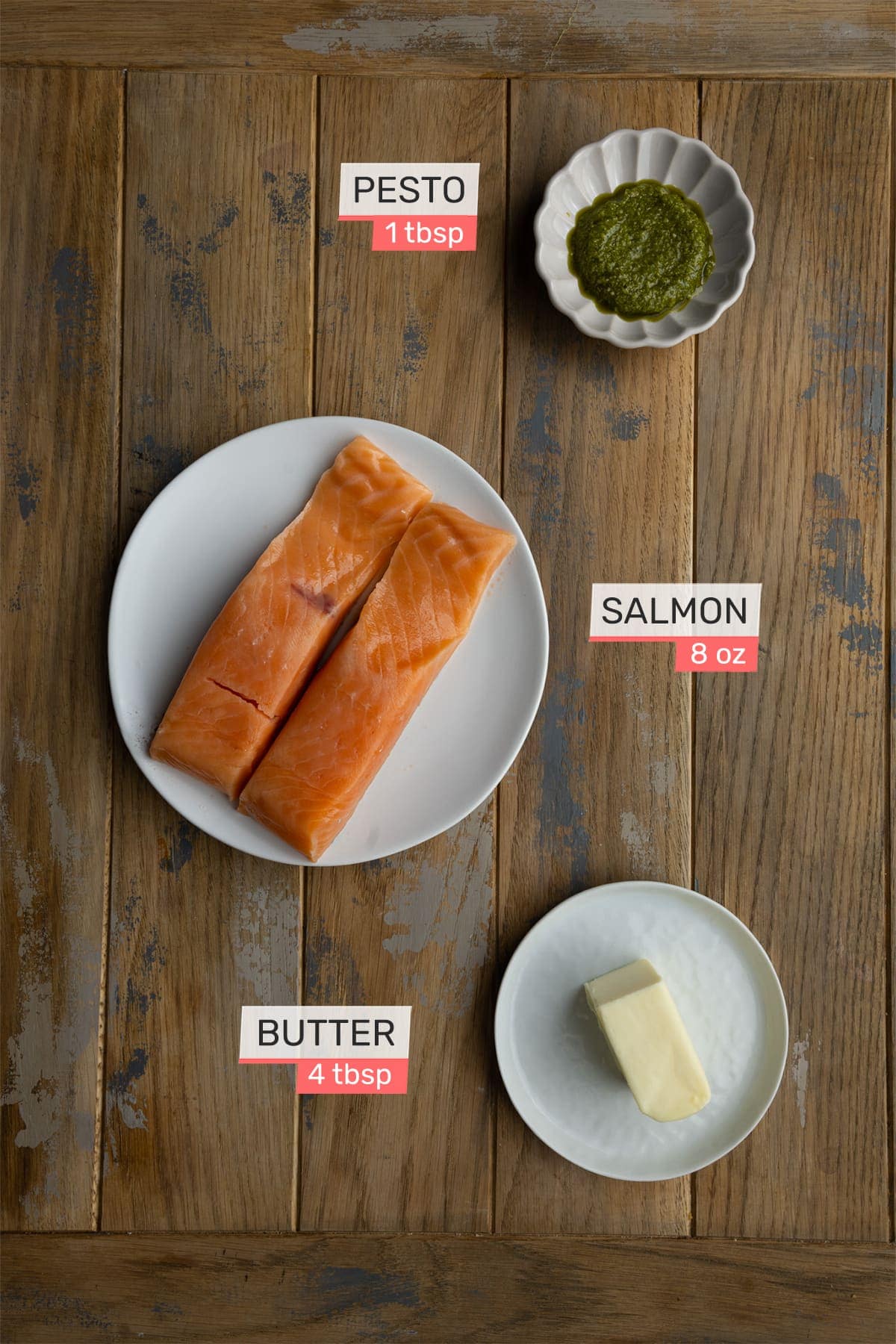 pesto butter salmon ingredients - pesto, unsalted butter, and salmon