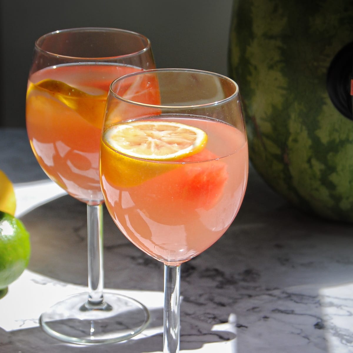 Sangria Watermelon in a wine glass with garnish