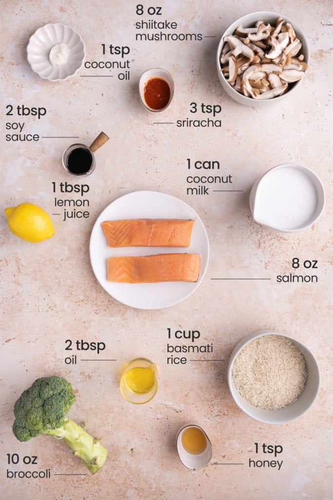 Spicy Salmon Bowl Ingredients - Coconut oil, shiitake mushrooms, Sriracha, soy sauce, lemon, salmon, coconut milk, broccoli, olive oil, honey, Basmati rice