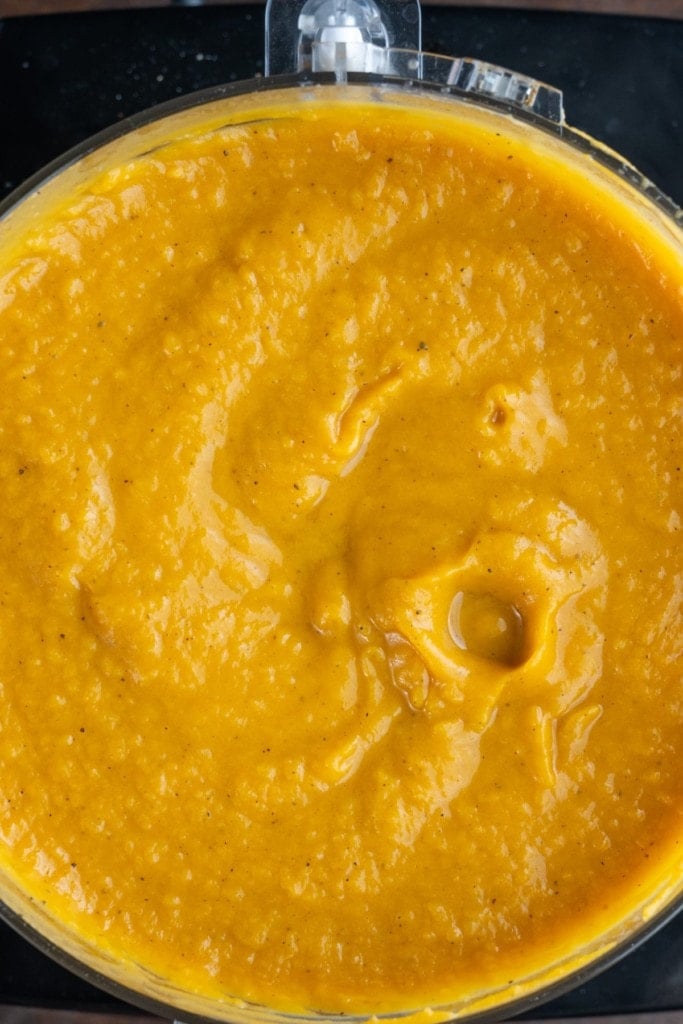 Sweet Potato Soup in the food processor after being blended.