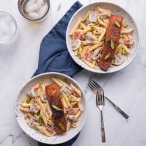 Close up of 2 servings of Blackened Salmon Pasta