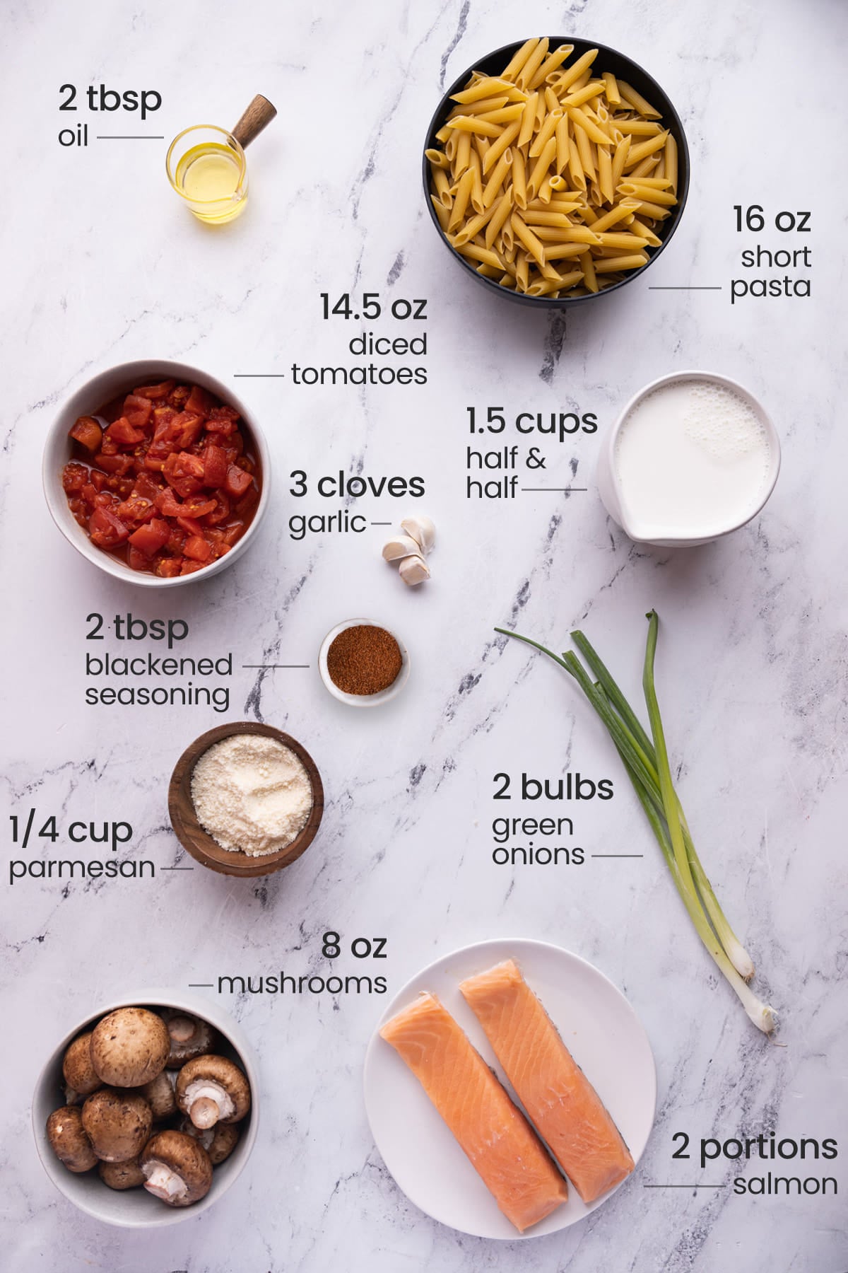 Overhead view of all the ingredients needed for blackened salmon pasta - oil, pasta, tomatoes, half and half, garlic, blackened seasoning, green onions, parmesan, mushrooms, and salmon.