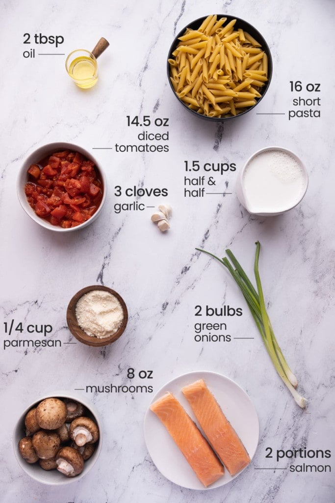 Blackened Salmon Pasta Ingredients - olive oil, short pasta, diced tomatoes, half and half, garlic, Parmesan, green onion, mushrooms, salmon