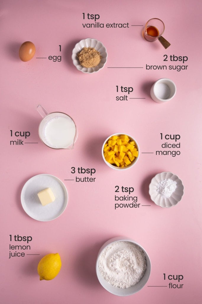 Mango Pancakes Ingredients - Egg, brown sugar, vanilla extract, salt, milk, mango, butter, baking powder, and all-purpose flour