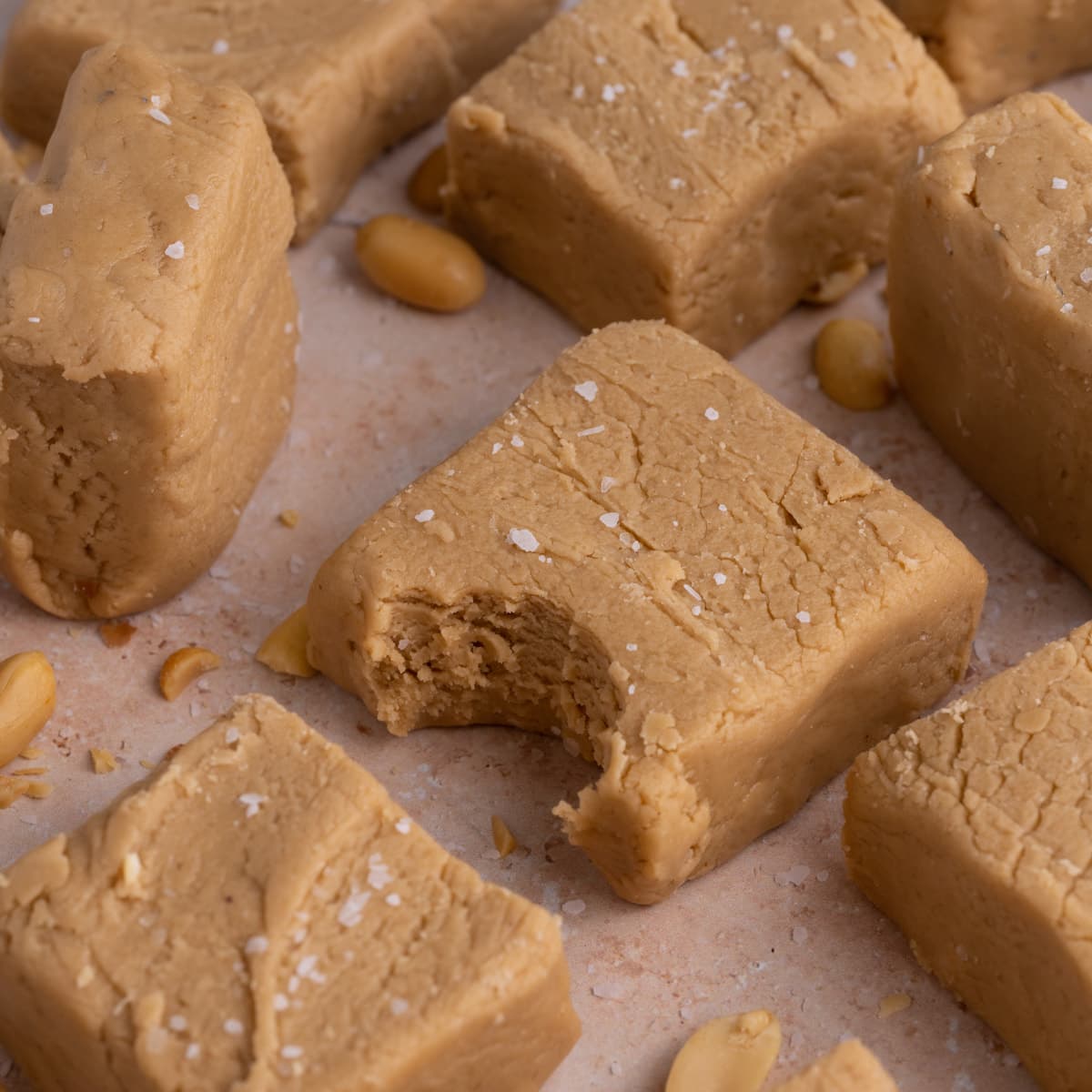 Close up of Salted Peanut Butter Fudge with bite taken out