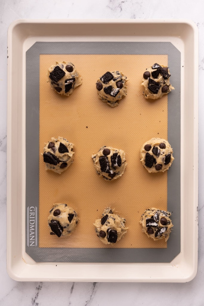 Oreo Chocolate Chip Cookies on a baking sheet ready for the oven