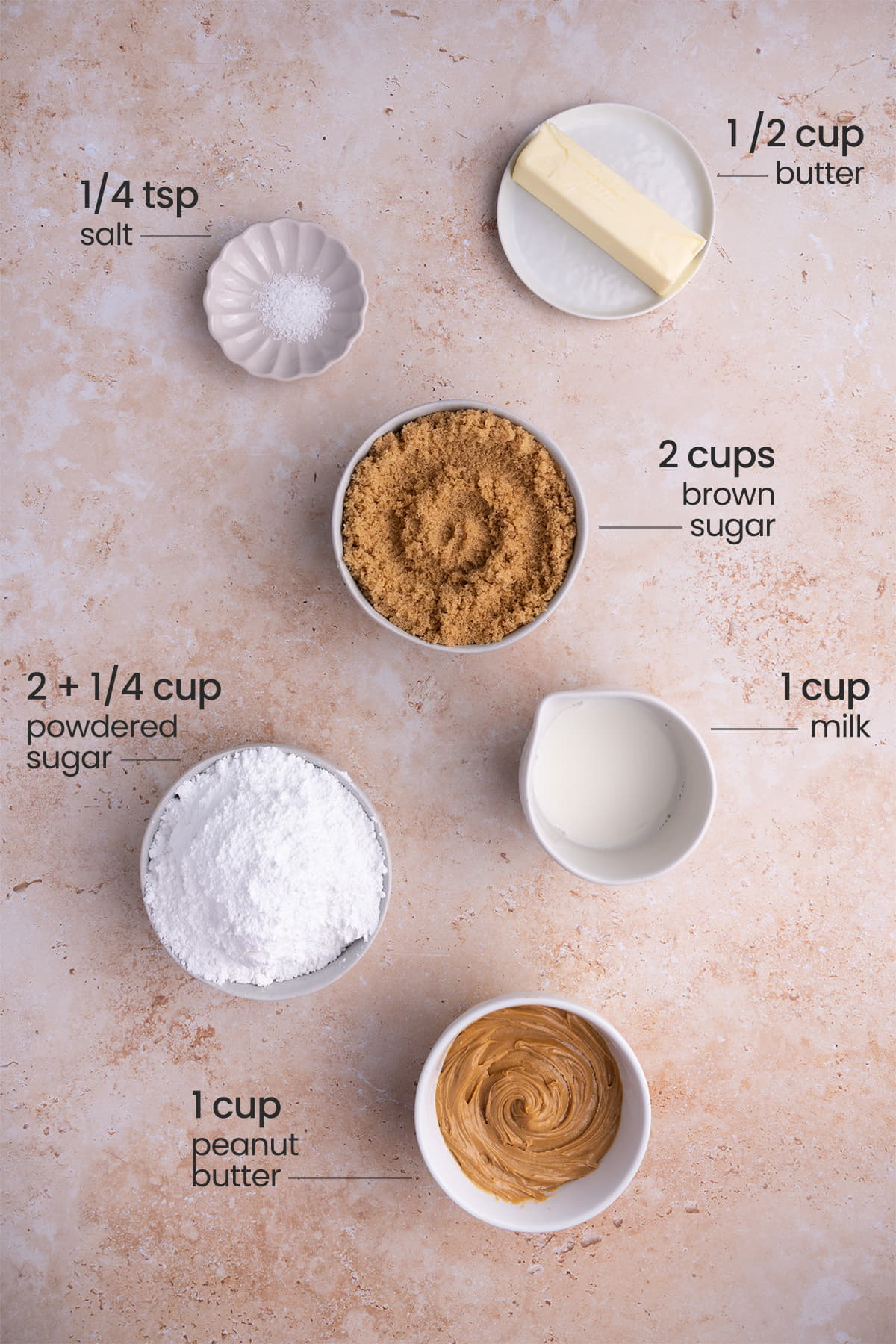 No-Bake Peanut Butter Fudge Ingredients including salt, unsalted butter, brown sugar, milk, powdered sugar, and peanut butter
