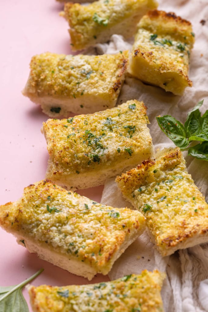 Close up of Pesto Butter Garlic Bread