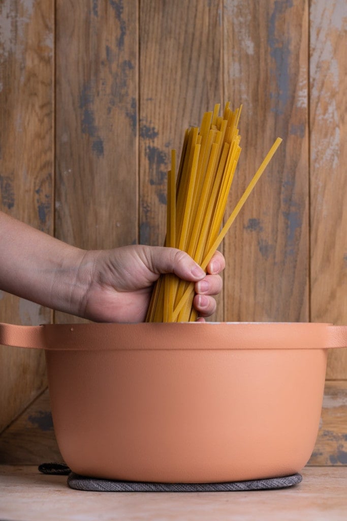 Adding pasta to large pot