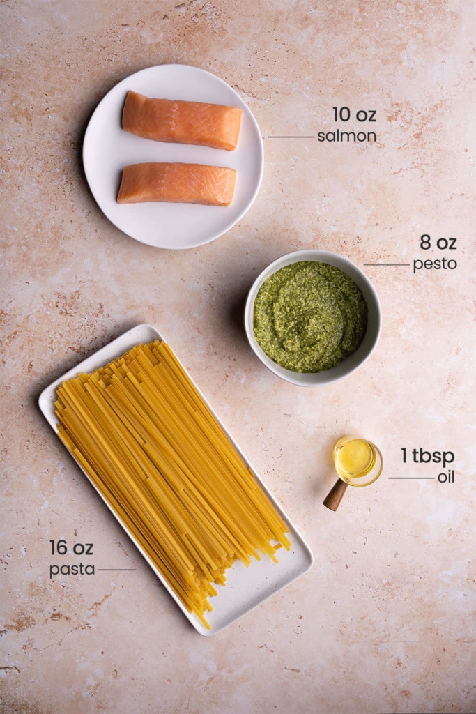 Salmon Pesto Pasta Ingredients: Salmon, pesto, pasta, and olive oil