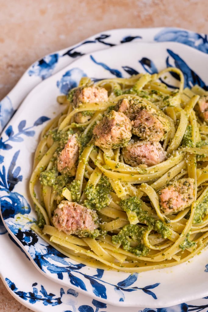 Close up of Plate of Pesto Pasta with Salmon