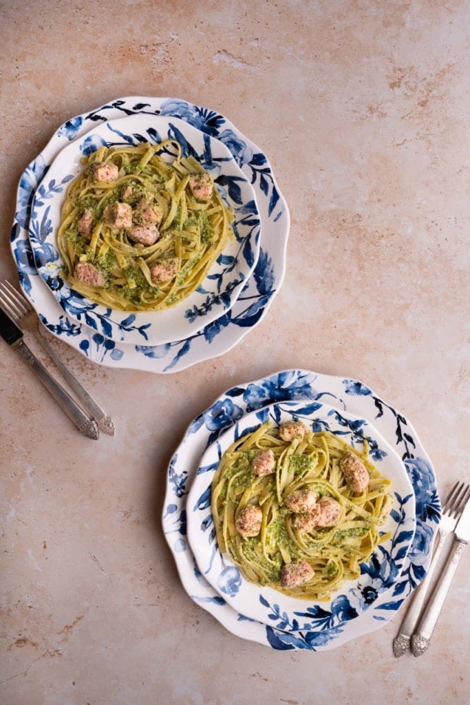 Two plates of Salmon Pesto Pasta