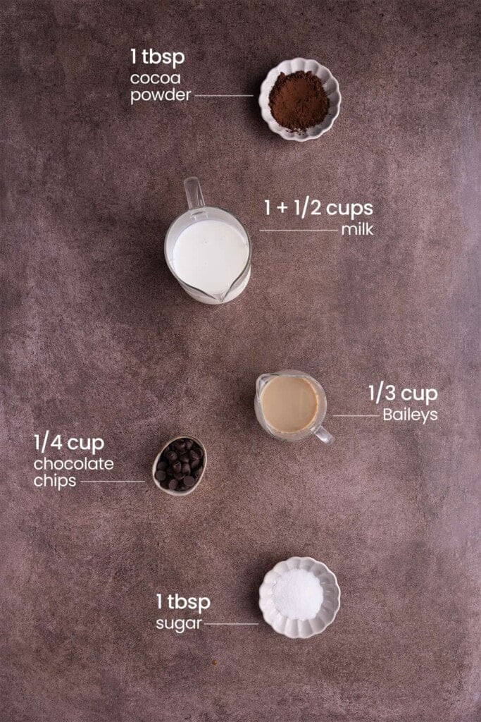 Baileys Hot Chocolate Ingredients including cocoa powder, milk, Baileys Irish Cream, chocolate chips, and granulated sugar