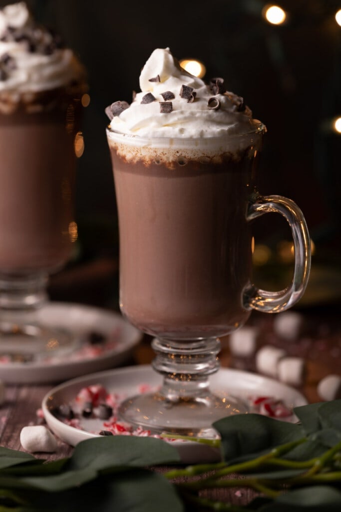 Close up of a glass mug of Baileys Hot Chocolate