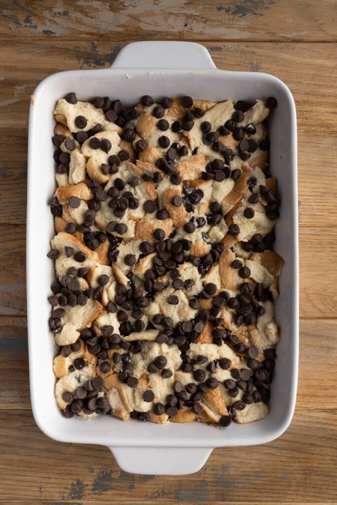 Chocolate Chip Bread Pudding ready for the oven