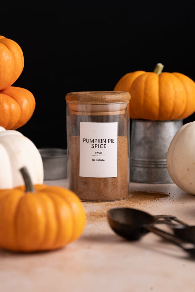 Close up of glass jar of Pumpkin Pie Spice with label