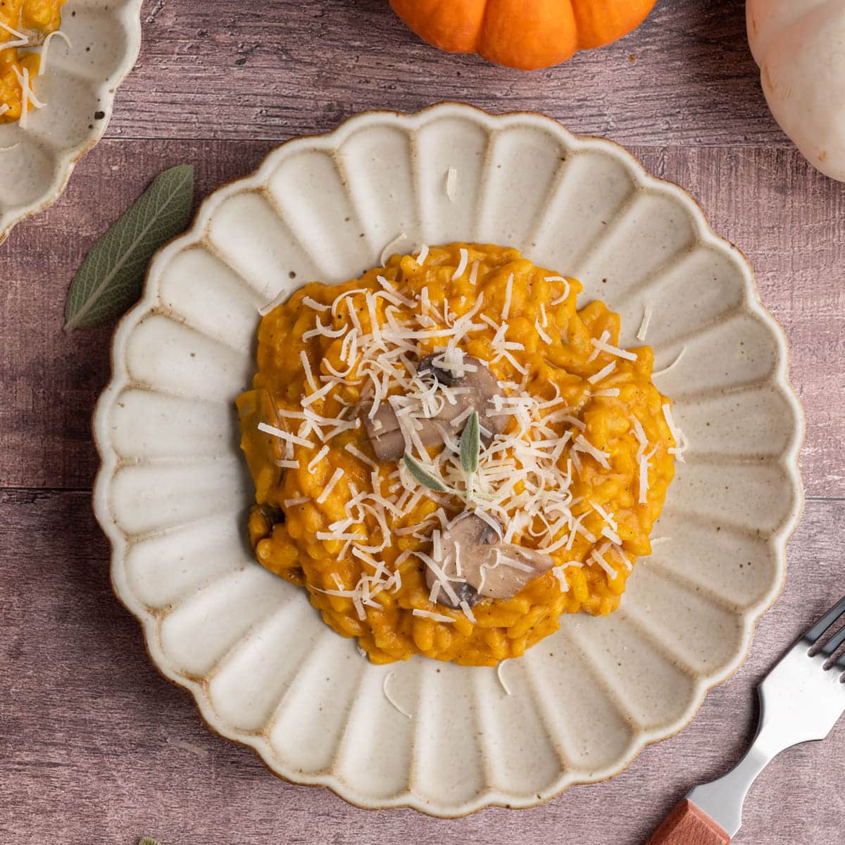 Pumpkin and Mushroom Risotto with extra Parmesan cheese and sage