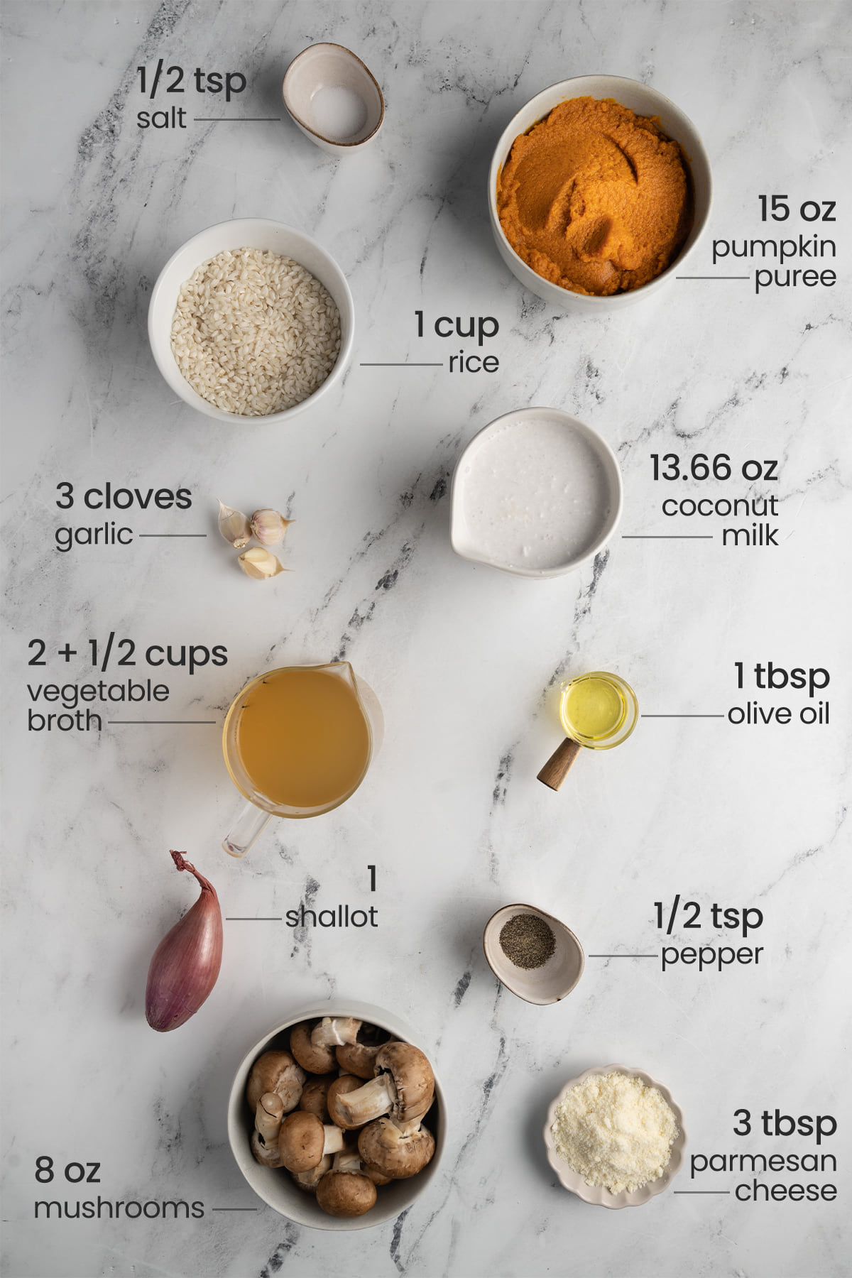 ingredients for pumpkin mushroom risotto - salt, pumpkin puree, rice, coconut milk, garlic, vegetable broth, olive oil, shallot, pepper, mushrooms, parmesan cheese