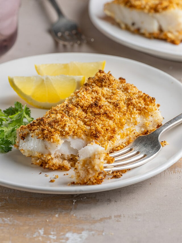 Baked Cod with Panko on a Plate
