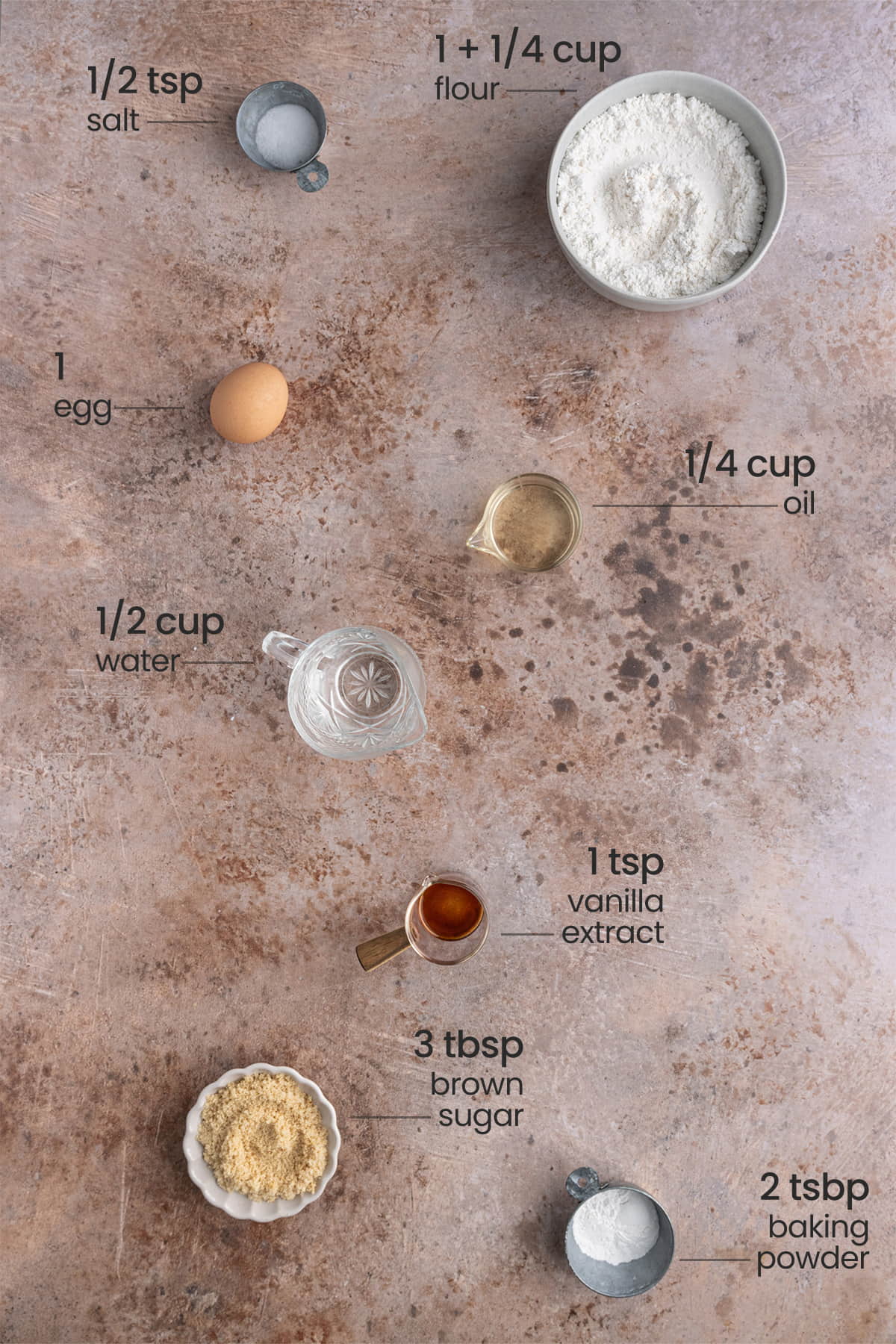 Dairy-Free Waffle ingredients including salt, flour, egg, oil, water, vanilla extract, brown sugar, and baking powder