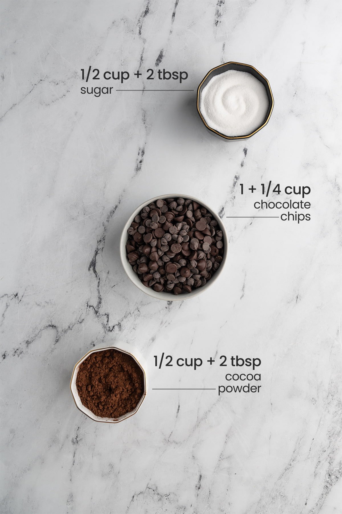 ingredients for hot chocolate mix - sugar, chocolate chips and cocoa powder