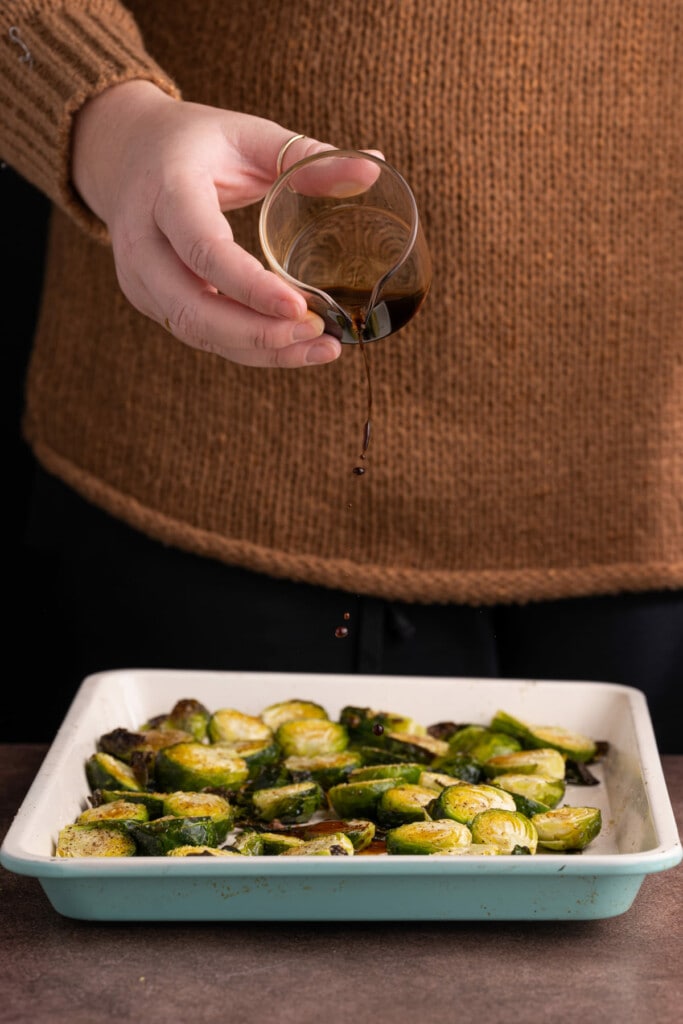 Adding balsamic vinegar to roasted brussels sprouts