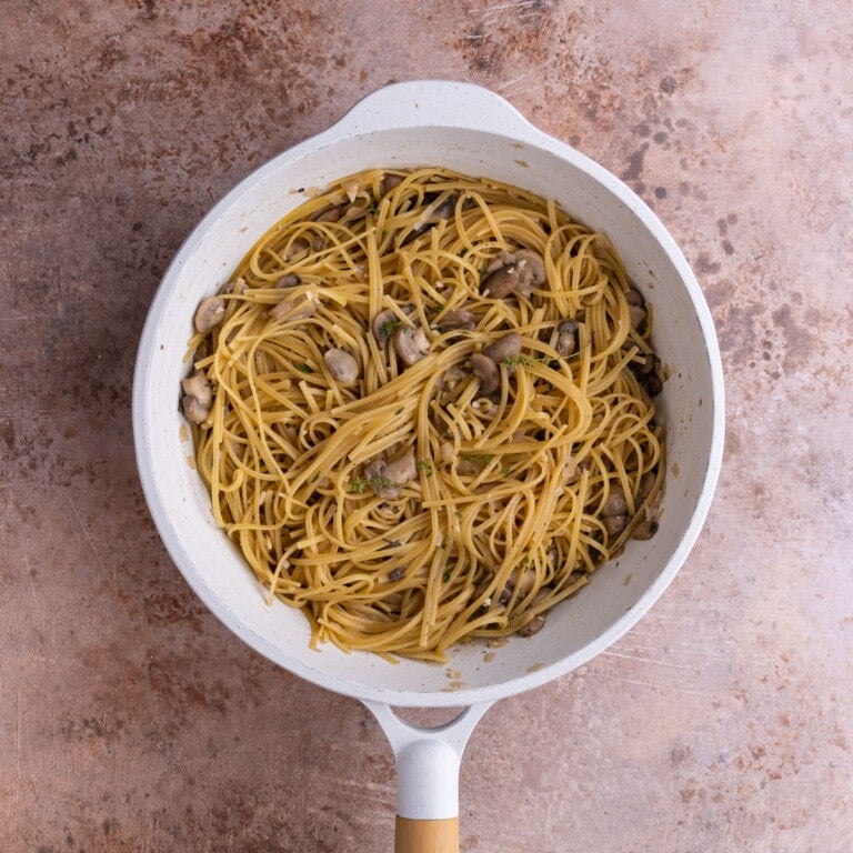 One Pot Mushroom Marsala Pasta cooked in a saucepan