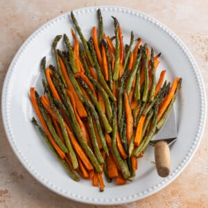 Platter of roasted carrots and asparagus