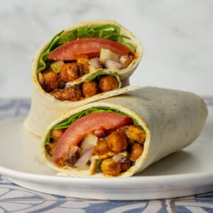 Buffalo Chickpea Wrap cut in half